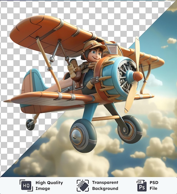 PSD transparent object 3d pilot cartoon flying a vintage biplane