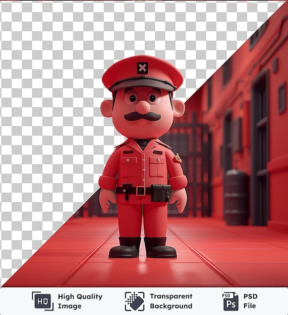 PSD transparent object 3d prison guard cartoon monitoring prisoners a red building with a red floor and ceiling featuring a red hat toy and arm