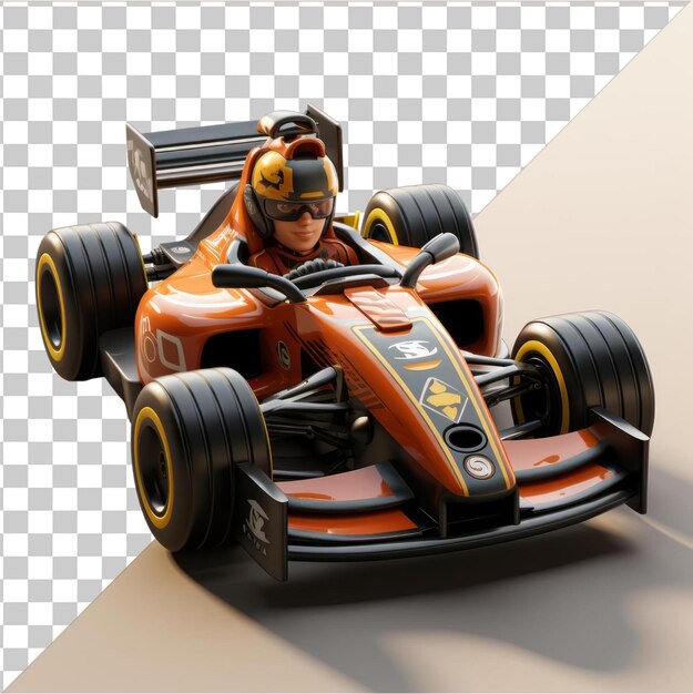 PSD transparent object 3d race car driver cartoon accelerating on a racetrack