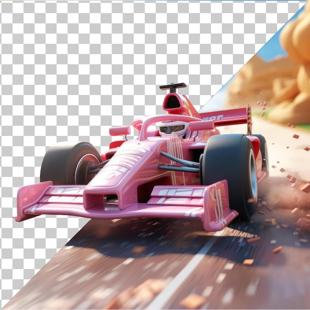 PSD transparent object 3d race car driver cartoon speeding on a formula 1 track