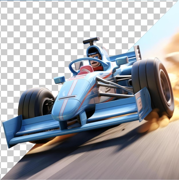 PSD transparent object 3d race car driver cartoon speeding on a formula 1 track