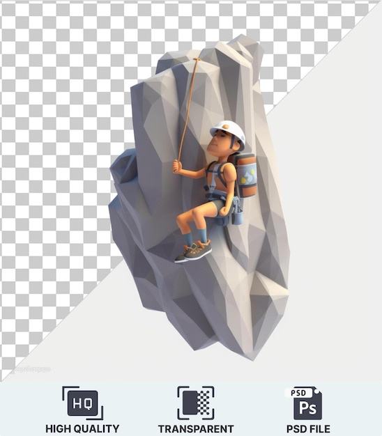 Transparent object 3d rotsklimmer cartoon die een torenhoge klif beklimt