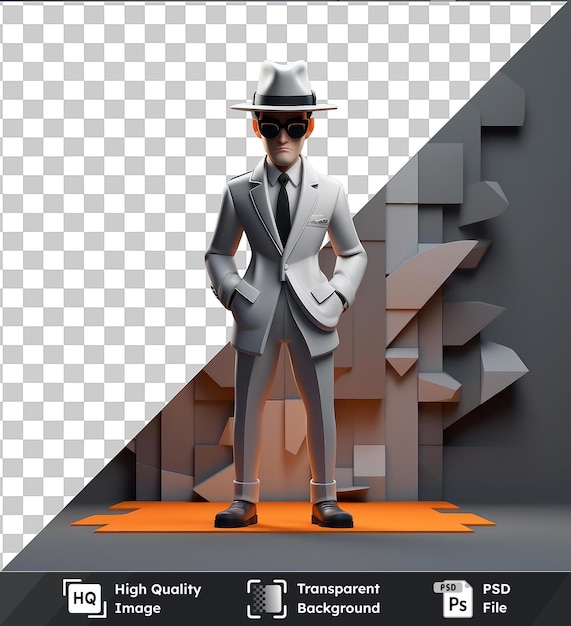 Oggetto trasparente 3d spia cartone animato su una missione segreta un uomo vestito con stile in un abito grigio e bianco cravatta nera e cappello bianco si trova di fronte a un muro bianco e grigio