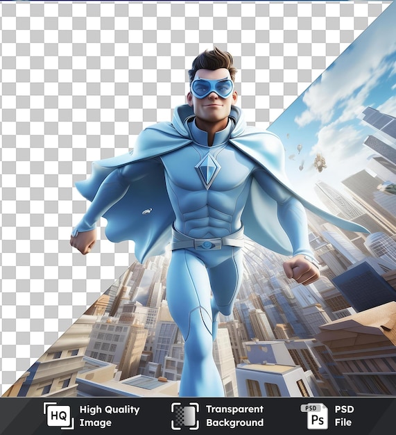 PSD Прозрачный объект 3d мультфильма о супергероях, летящих по городу, чтобы спасти день.