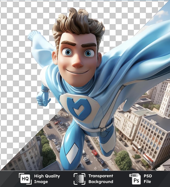 PSD transparent object 3d superhero cartoon soaring through the sky to rescue image