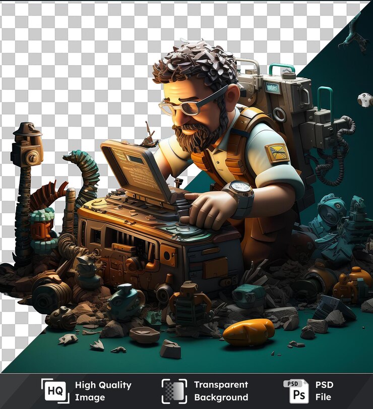 PSD transparent object 3d underwater archaeologist cartoon excavating a shipwreck 3d illustration