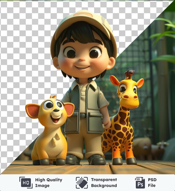 PSD transparent object 3d zookeeper cartoon caring for exotic animals