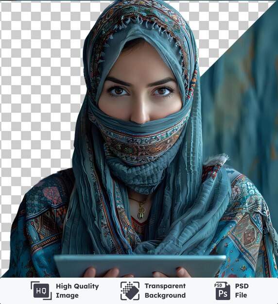 PSD transparent object arab woman in a veil with a folder tablet