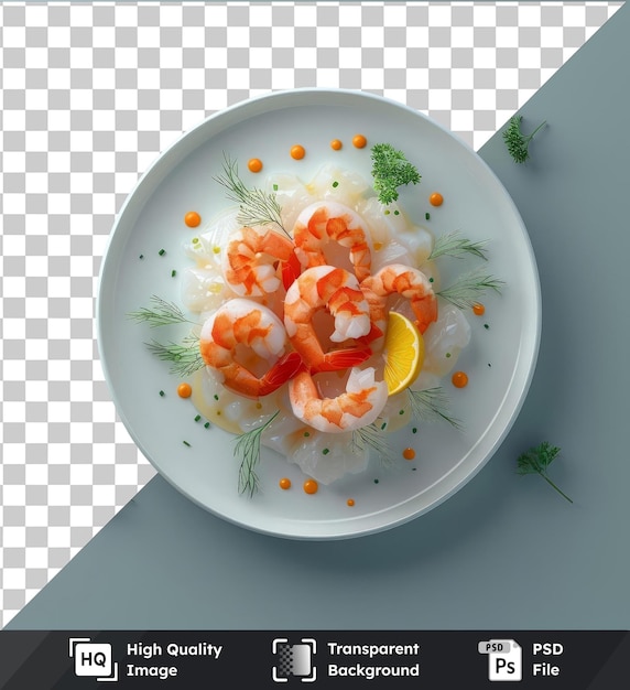 PSD transparent object bissara with shrimp carrots and herbs on a white plate