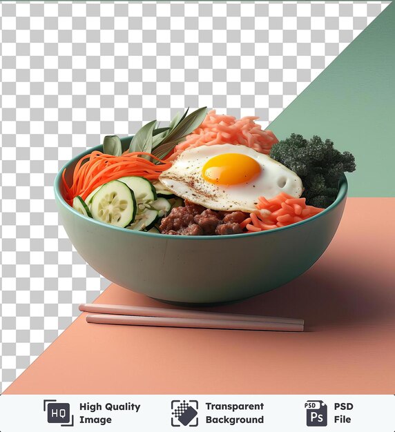 PSD ciotola trasparente di bibimbap con uova di broccoli e bastoncini su tavolo rosa contro parete blu e verde