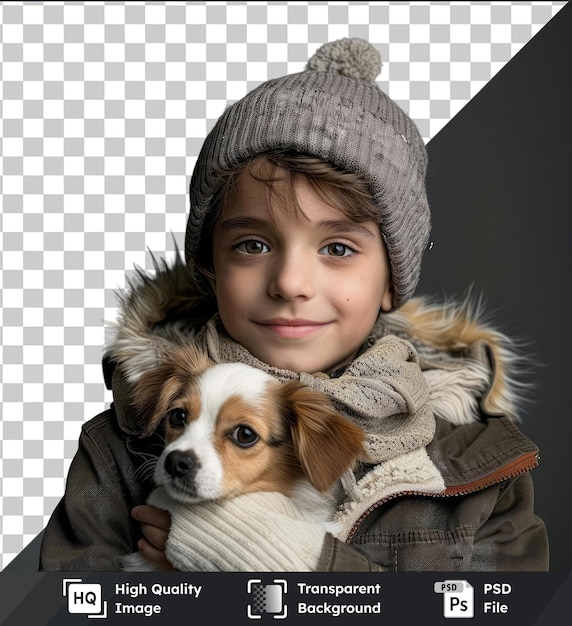 PSD transparent object boy with little dog wearing a knitted hat