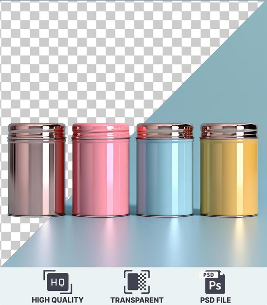 PSD transparent object canister set three different colors on a blue background