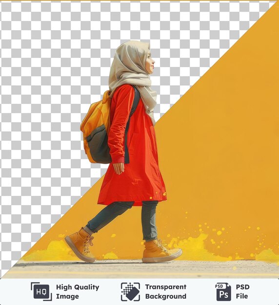 PSD transparent object cartoon woman walking with speech bubble over her head wearing a red coat and carrying a yellow and orange backpack with a hand visible in the foreground