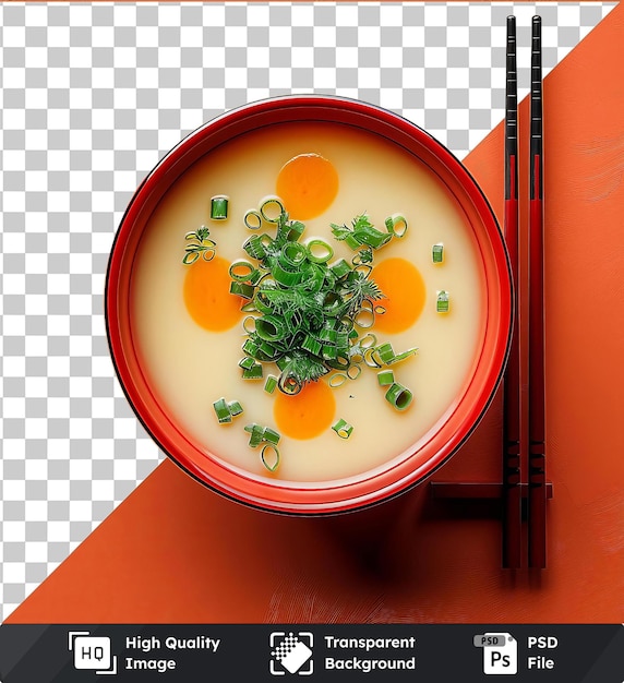 PSD transparent object chawanmushi in a red bowl on an orange background