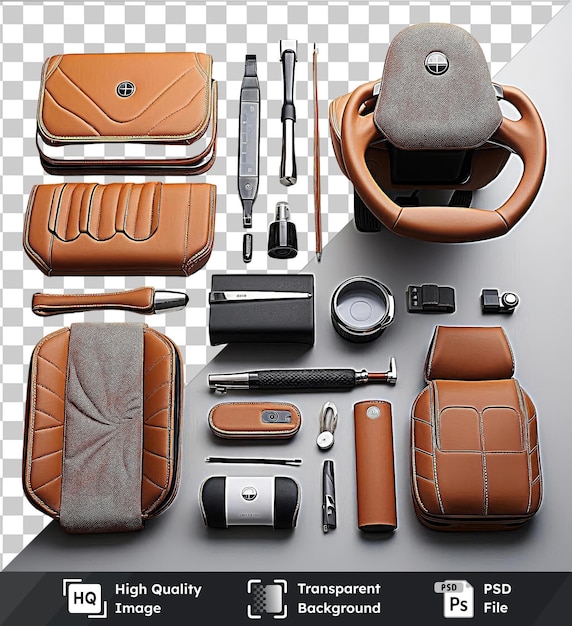 PSD transparent object custom luxury car interior accessories set a brown leather chair a black pen and a black and silver camera on a transparent background