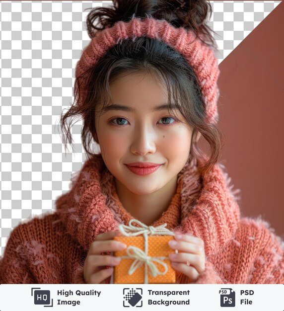 PSD transparent object cute asian girl with gift wrapped in a pink sweater