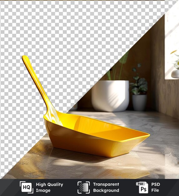 Transparent object dustpan on a table with white vase green plant white pot yellow wall and a