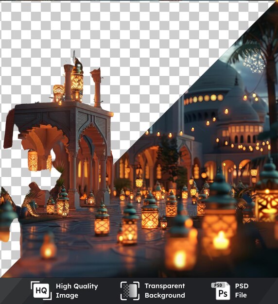 PSD oggetti trasparenti luci di parata eid al fitr illuminano il cielo notturno su un paesaggio cittadino con un edificio bianco una torre alta e una palma