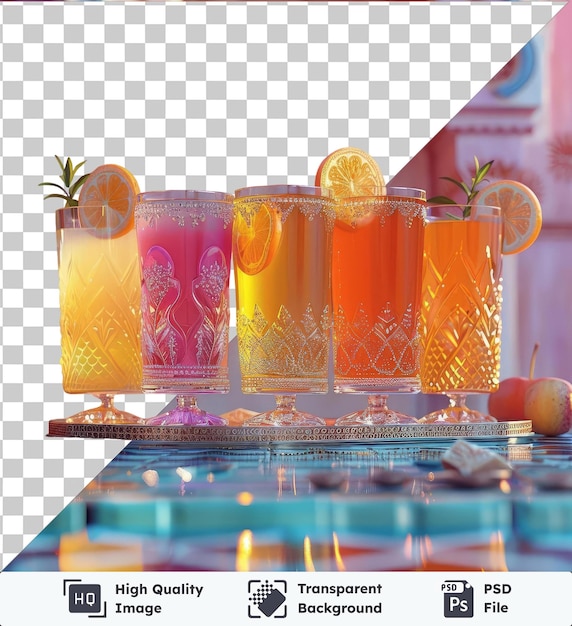Transparent object eid al fitr traditional drinks served on a blue table adorned with oranges and lemons accompanied by a tall glass and a red apple against a pink wall backdrop