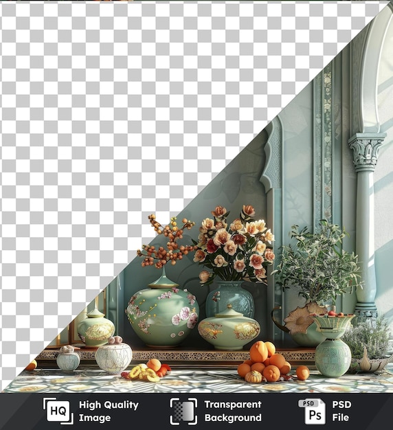 PSD transparent object eid al fitr traditional gifts displayed on a table adorned with potted plants a blue vase and a white flower against a white wall