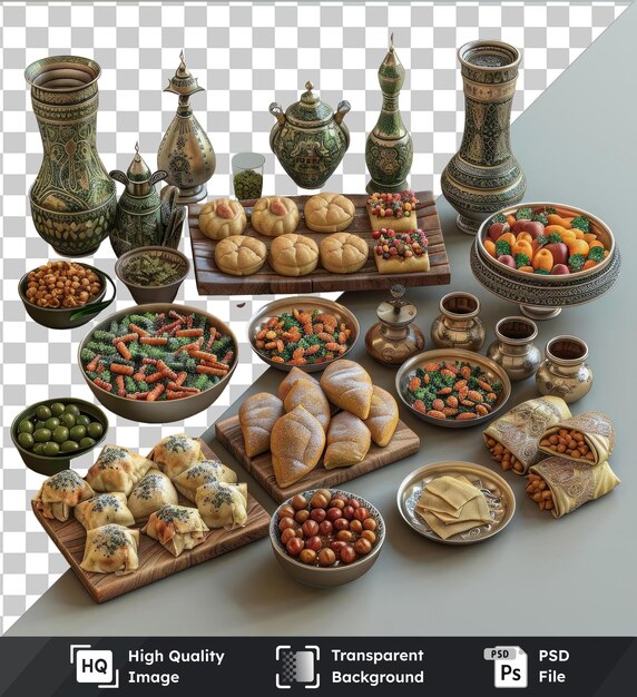 PSD transparent object eid themed party supplies for ramadan featuring a variety of bowls and plates including a green bowl a brown bowl and a white bowl arranged on a transparent background with