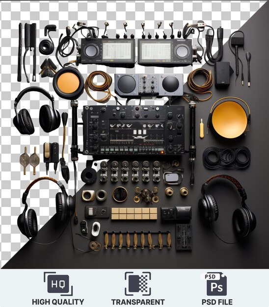 PSD 透明なオブジェクト - 黒い背景に設置された電子音楽制作