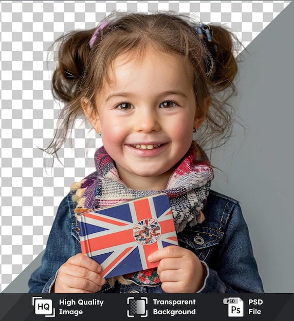 PSD transparent object english for children a little girl smiles and holds an english language book with a the british flag in her hands wearing a blue jacket and with brown hair and eyes