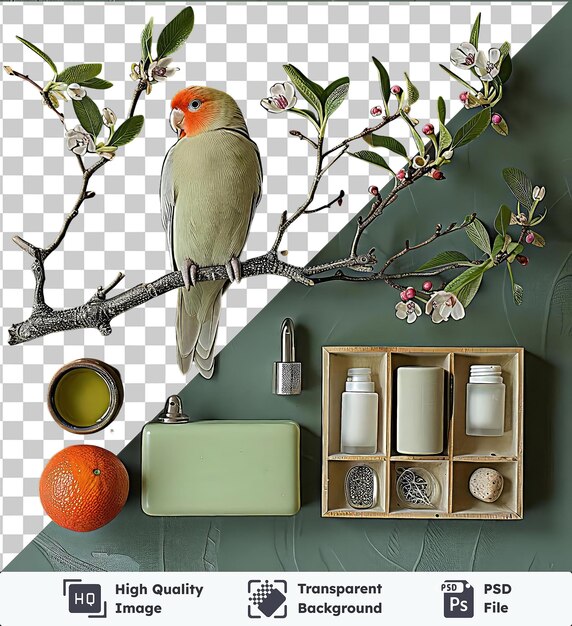 PSD transparent object exotic bird care essentials set a white flower green wall orange head and white bird