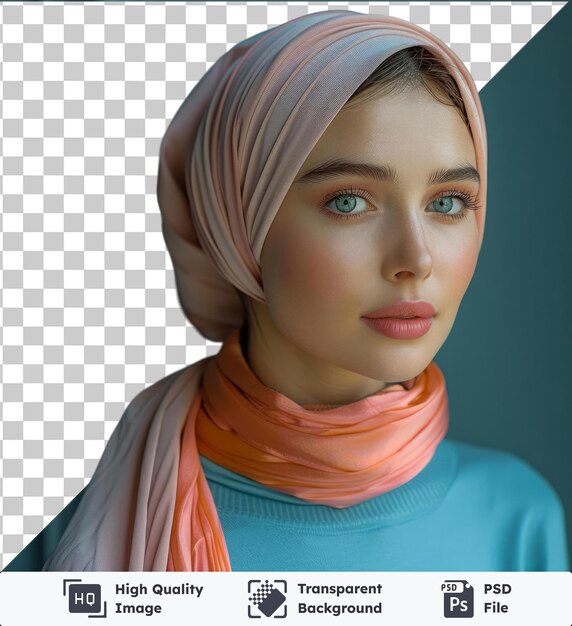 PSD transparent object fashi woman wearing a blue shirt and orange scarf stands in front of a blue wall showcasing her striking blue and brown eyes small nose and brown eyebrow