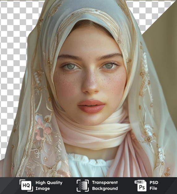 PSD transparent object fashi woman in a white dress and veil with brown eyebrows blue and green eyes and a small nose wearing a white scarf