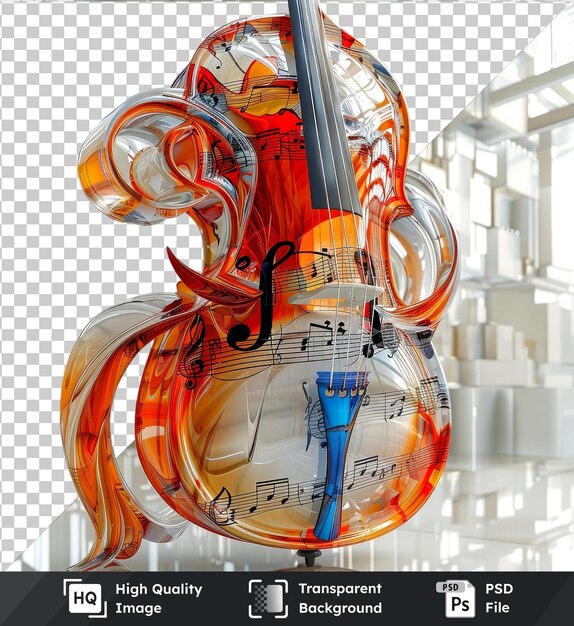 PSD oggetto trasparente violino con note musicali sullo sfondo incorniciato da un edificio bianco e una finestra di vetro