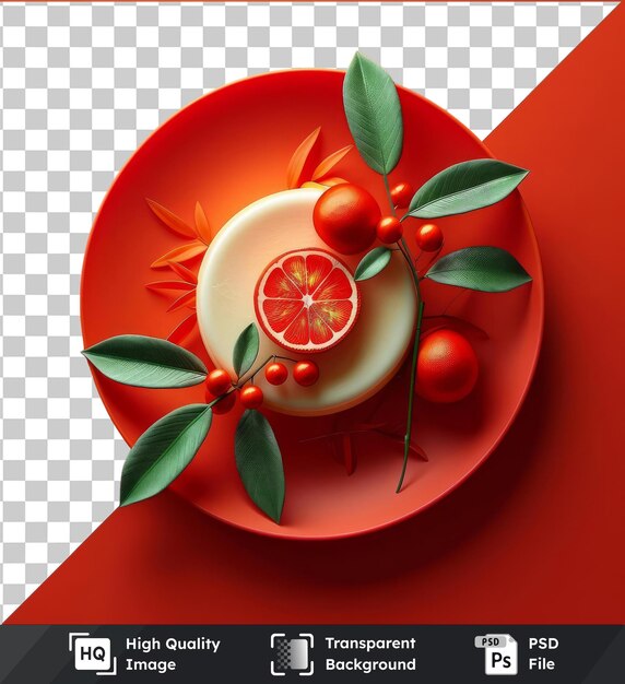 PSD transparent object firin sutlacci fruit and green leaves on a red plate