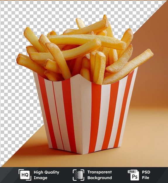 PSD transparent object french fries mockup in a red and white cardboard box on a transparent background with a red and white stripe in the background and a dark shadow cast on the table