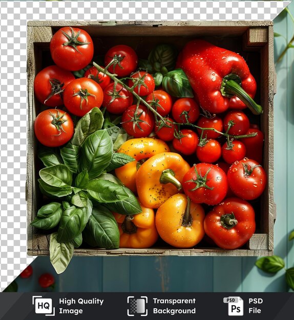 Transparent object fresh vegetables in a box top view