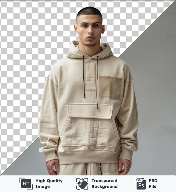 PSD transparent object front view capture a hoodie beige technical materials fabric label clothing model no people indoors indoors indoors indoors indoors indoors indoors