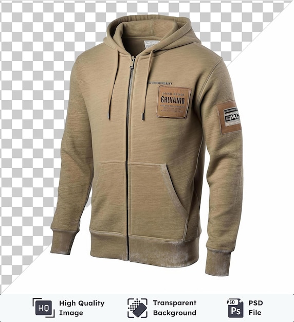 PSD transparent object front view capture a premium hoodie khaki cotton material fabric label