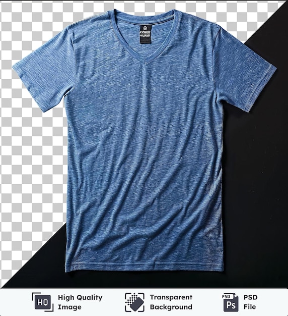 PSD transparent object front view capture a premium t shirt blue cotton material fabric label