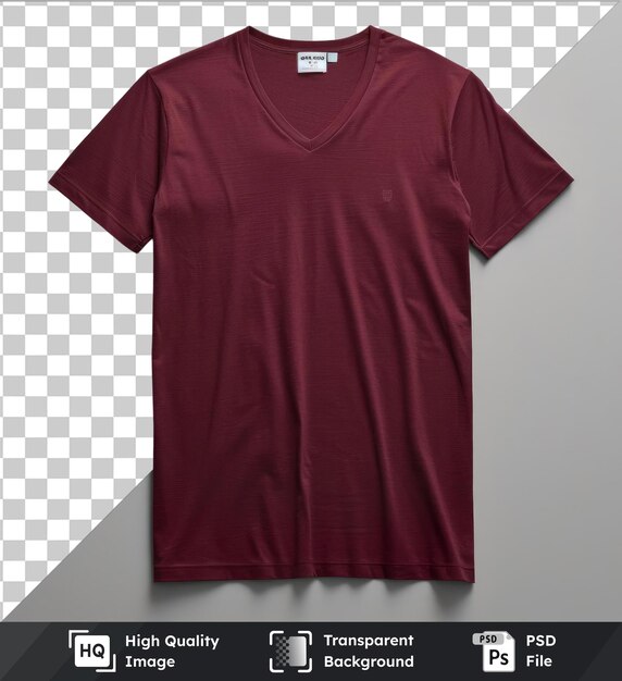 PSD transparent object front view capture a premium t shirt burgundy technical materials fabric label size brand name brand name product description product description product description product