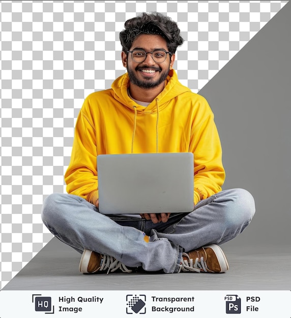 PSD transparent object full body happy young it indian man 20s he wearing casual yellow hoody sitting using holding working on laptop pc computer studio portrait people life person person person