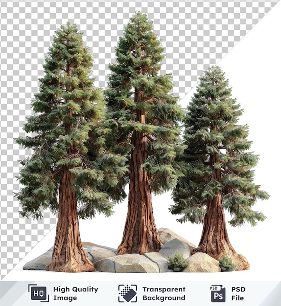 PSD oggetto trasparente alberi di sequoia giganti isolati su uno sfondo trasparente con marrone e verde