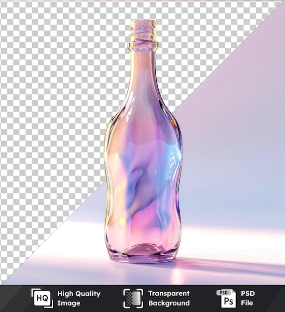 透明なオブジェクトのガラスのボトルがピンクの空に反してテーブルの上にあります
