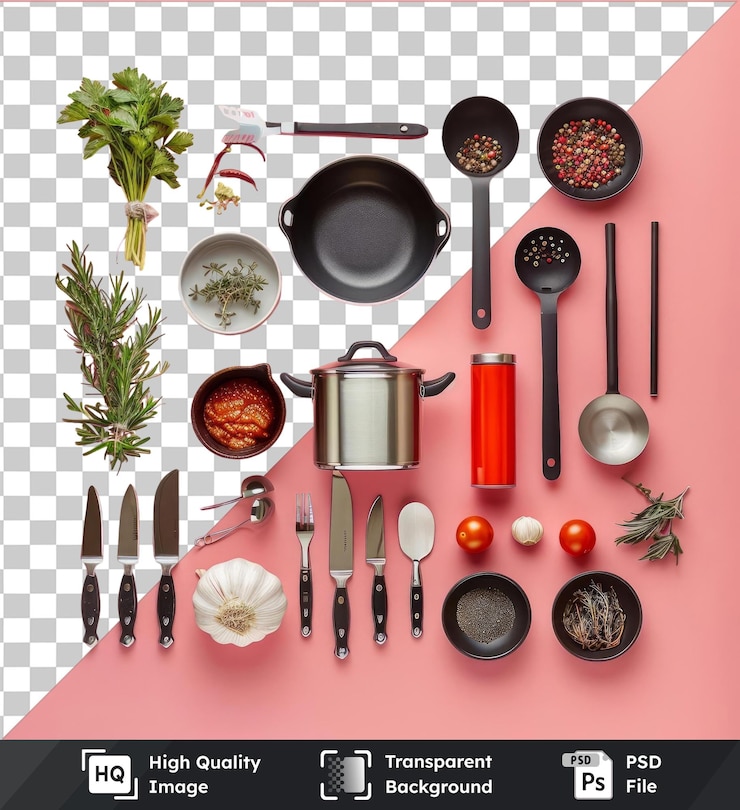 PSD transparent object gourmet vegetarian cooking set featuring a variety of cooking utensils including silver and black knives a black bowl a silver spoon a white garlic and a red