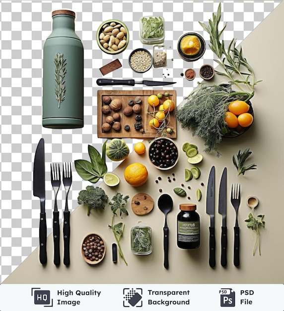 PSD transparent object gourmet vegetarian cooking set featuring a variety of fruits and vegetables including oranges lemons and a green bottle arranged on a transparent background with a silver knife