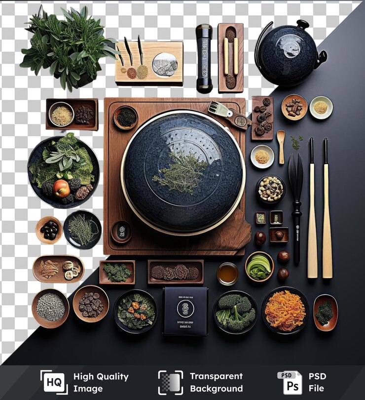 PSD transparent object gourmet vietnamese cooking set featuring a variety of bowls and utensils including a wood spoon brown and wood spoon black and blue bowl black and green bowl