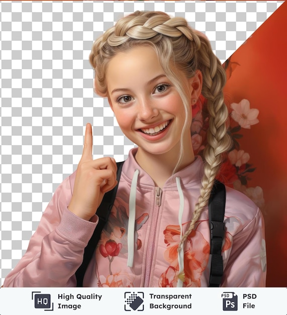 PSD transparent object in the hands of a young girl with blond hair and blue and brown eyes standing in front of an orange wall with a black strap visible in the foreground