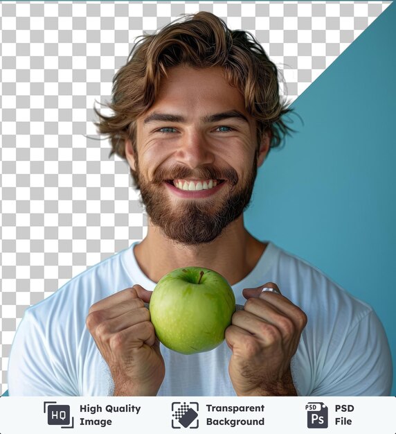 PSD transparent object handsome cheerful man wearing blank t shirt standing showing green apple exercising with dumbbells