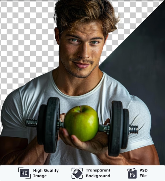 PSD transparent object handsome cheerful man wearing blank t shirt standing showing green apple exercising with dumbbells