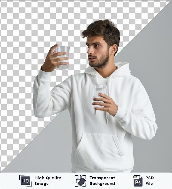 Transparent object a handsome man stands in a white hoodie holding a glass in his hand and reaches out to him with his face inhaling the aroma of the drink horizontal studio photogr