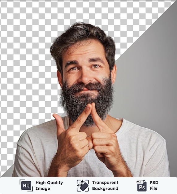 Transparent object handsome man with beard with fingers crossing and wishing the best wearing a white shirt and brown hair with a large nose and brown eyes standing in front of a gray and white