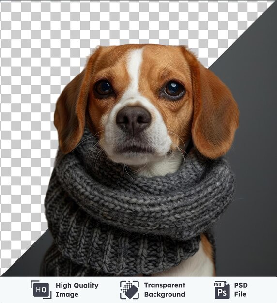 PSD oggetto trasparente bellissimo e giovane beagle per strada indossando un maglione grigio e uno scialle nero e grigio con occhi marroni un naso nero e orecchie floppy